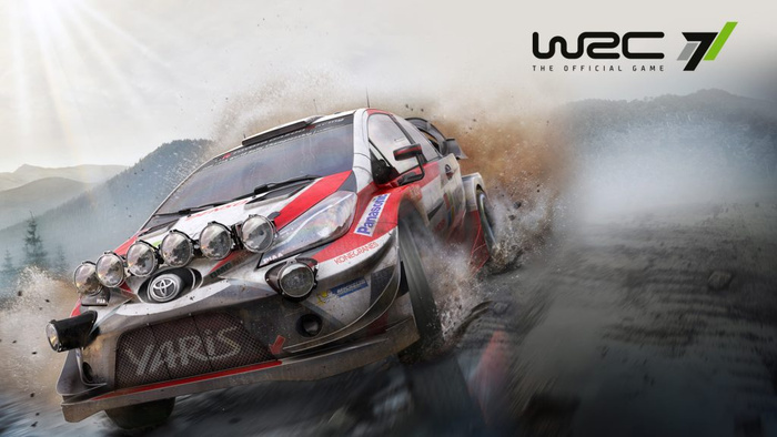 Toyota Yaris rally car kicking up dirt and gravel as it races on a rugged dirt road with mountainous landscape in the background, featuring multiple front spotlights. Text on the car includes 'Yaris', 'Panasonic', and 'Konecranes'. The image also displays the WRC 7 logo with the tagline 'The Official Game', highlighting a dynamic motorsport scene relevant for enthusiasts of used cars and new cars.