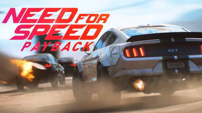 Promotional image for Need for Speed Payback video game showing high-speed racing cars on a dirt track, including a white GT car with a Payback number plate and another car emitting flames from its exhaust, with bold red and orange text 'Need for Speed Payback' in the top left corner, suitable for advertising used cars and new cars racing themes.