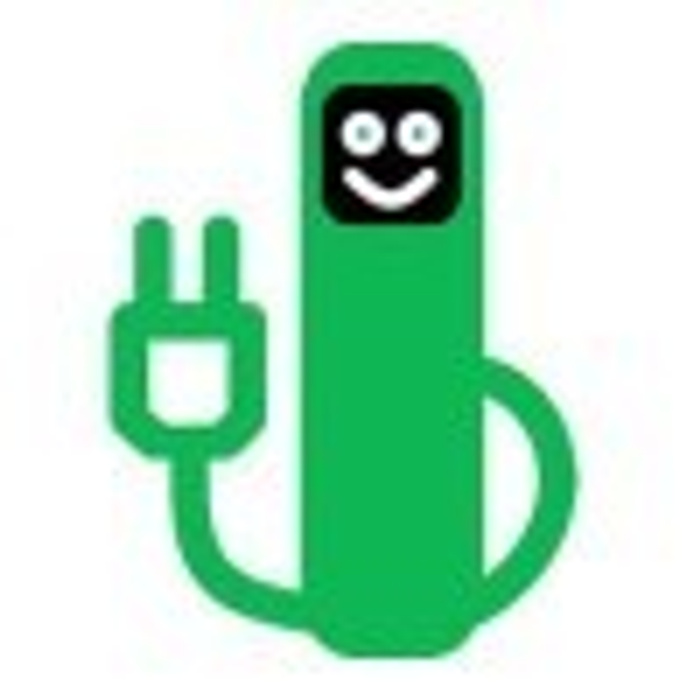 Green electric plug icon with a smiling face, symbolising electric vehicle charging