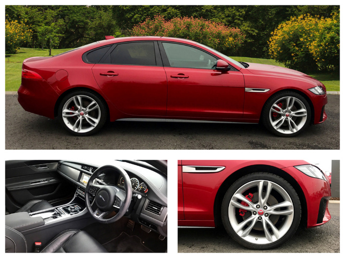 Red Jaguar XE luxury sedan parked outdoors with lush green bushes in the background, showcasing side profile including alloy wheels and sleek design. Interior view highlighting premium black leather seats, modern dashboard with touchscreen display, and steering wheel on right-hand drive. Close-up of front wheel featuring silver alloy rims and red brake calipers. Ideal for used cars and new cars buyers seeking stylish, high-performance vehicles.