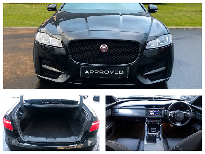 Front view of a black Jaguar car with 'APPROVED' on the number plate, indicating a certified used car. The image also shows the spacious open trunk of the car and the modern interior dashboard with a touchscreen display and leather seats. Suitable for showcasing used cars and new cars options.