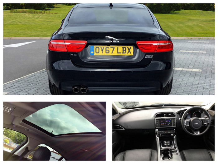 Rear view of a black Jaguar XE 20d car with registration plate OY67 LBX parked on a paved area next to grass. The car has dual exhaust pipes and distinctive rear lights. Additional interior views include a panoramic sunroof showing a cloudy sky and the car's front interior dashboard with a digital infotainment screen, steering wheel with Jaguar logo, and leather seats. The images showcase features typical of used cars and new cars in excellent condition.