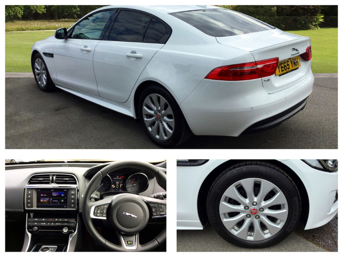 White Jaguar XF used car with registration YE65 YWH parked on a driveway with a green lawn in the background. The interior image shows the modern dashboard with a touchscreen infotainment system and a steering wheel featuring the Jaguar logo. Close-up image of the front left wheel with Jaguar emblem on the silver alloy rim. Ideal for customers interested in used cars and new cars.