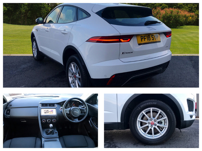 White Jaguar E-Pace SUV used car with registration PF18 SYP parked on a driveway with green grass background, showing rear and side view. Interior image of the used car displays the dashboard, steering wheel with Jaguar logo, manual gear stick, and central control panel. Close-up image of the new car's alloy wheel fitted with Michelin tyres. Ideal for used cars and new cars listings.