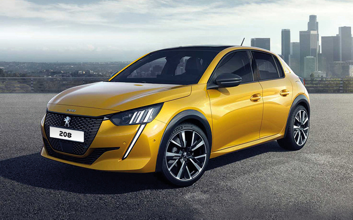 Yellow Peugeot 208 parked on an asphalt surface with a city skyline in the background, showcasing a sleek, modern design. Front license plate reads '208'. Ideal image representing both used cars and new cars in an urban setting.