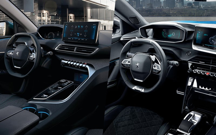 Interior views of two Peugeot car dashboards side by side, showcasing modern steering wheels, digital instrument clusters, touchscreen infotainment systems, and sleek centre consoles with gear selectors and climate control buttons. Highlighting the advanced and stylish design suitable for both used cars and new cars buyers.