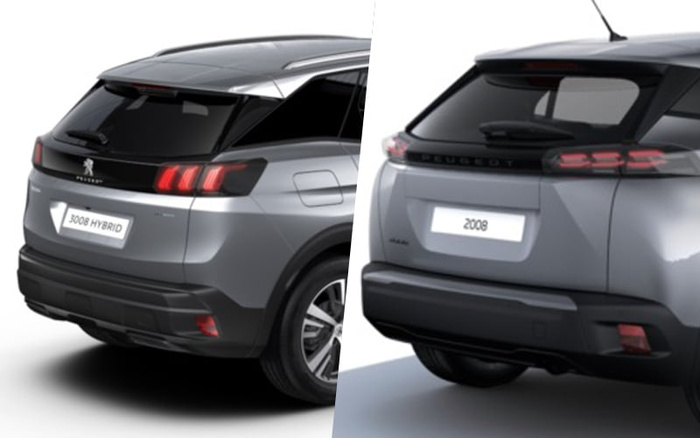 Rear view of two grey Peugeot SUVs displayed side by side. The vehicle on the left is a Peugeot 3008 Hybrid, indicated by the badge on the lower left side and the text '3008 HYBRID' on the number plate. The vehicle on the right is a Peugeot 2008 model, shown by the badge on the lower left side and the text '2008' on the number plate. Both cars feature distinctive rear lights and black rear trim. Image suitable for illustrating used cars and new cars.