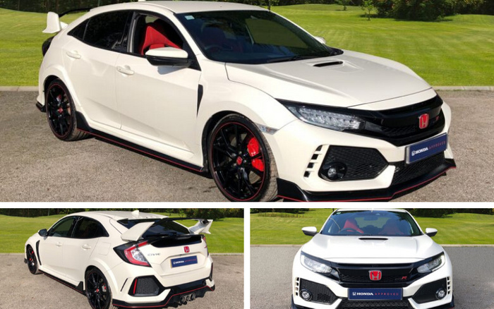 White Honda Civic Type R with black and red detailing, black alloy wheels, red brake calipers, and a large rear spoiler displayed on a driveway with green grass in the background. The car features a 'Honda Approved' plate on the front and rear, indicating it is a certified used car. The images show multiple angles including front-side, rear-side, and direct front views, highlighting the sporty design and detailing of this new and used car available for sale.