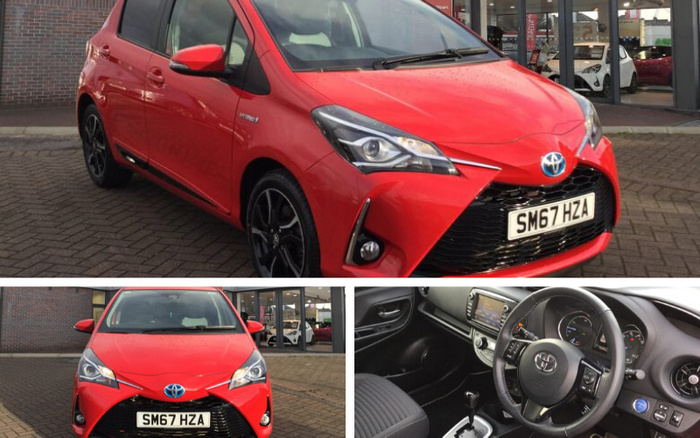 Red Toyota Yaris hybrid car with registration plate SM67 HZA parked outside a dealership. The collage shows three views: the front three-quarter exterior view highlighting the car's sleek design and black alloy wheels, the direct front view displaying the large black grille and Toyota badge, and the interior view focusing on the driver's cockpit with a modern dashboard, steering wheel featuring control buttons, and multimedia display. The setting suggests availability of used cars and new cars at the dealership.
