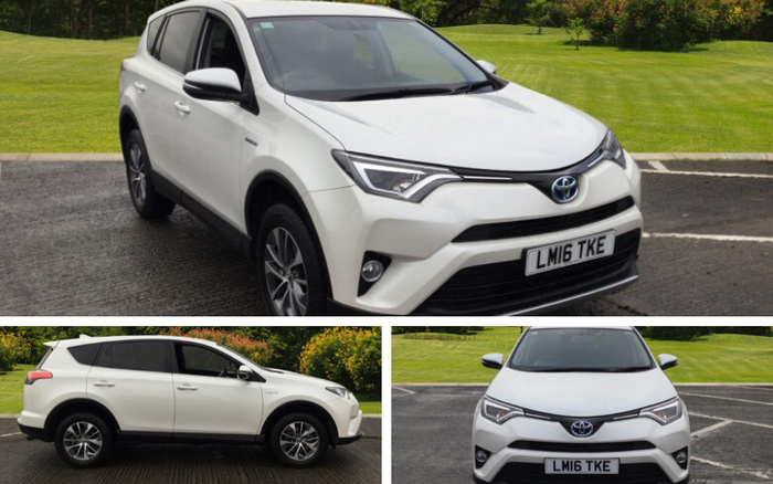 White Toyota RAV4 hybrid used car with registration LM16 TKE parked on a driveway with green grass and bushes in the background. The collage features three views of the car: front right angle, full side profile, and front view, highlighting its clean exterior and alloy wheels. Suitable for advertising used cars and new cars.