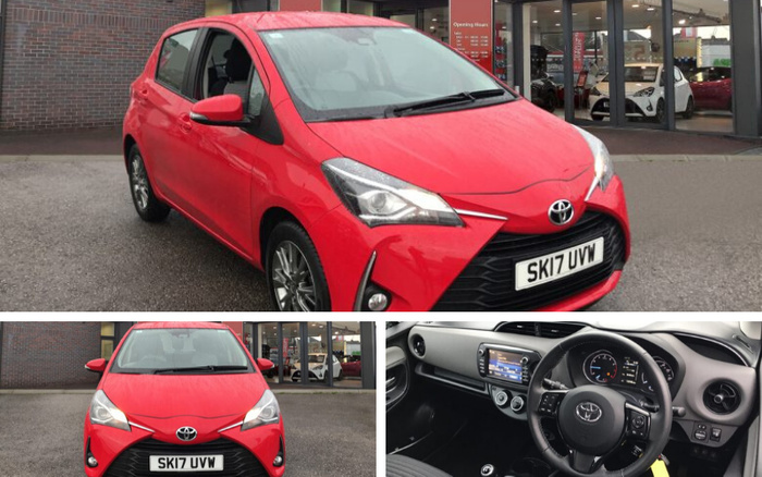 Red Toyota Yaris hatchback with registration plate SK17 UVW parked outside a car dealership. The dealership has large glass windows displaying new cars inside, with a visible sign showing opening hours. The interior image shows the car's dashboard, steering wheel with Toyota logo, and central infotainment screen. This image represents used cars and new cars available at the dealership.