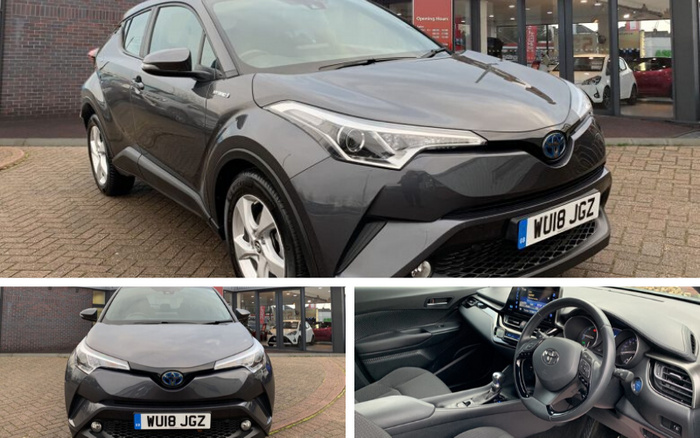 Grey Toyota C-HR hybrid car with registration plate WU18 JGZ displayed outside a dealership, showcasing front and angled front views of the used car along with a detailed interior view including the steering wheel, dashboard, and touchscreen. The image highlights both used cars and new cars available for sale, emphasising modern features and sleek design.