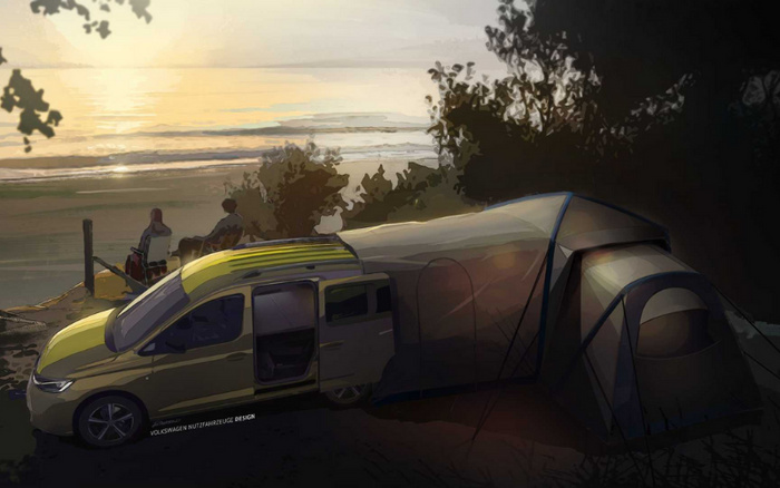Artwork showing a yellow Volkswagen camper van parked at a scenic coastal spot during sunset, with an attached large tent extension and a smaller tent nearby, overlooking the ocean. Two people are seated on benches near a wooden fence, enjoying the view. The text 'VOLKSWAGEN NUTZFAHRZEUGE DESIGN' is visible on the side of the van. Ideal illustration representing new cars for adventurous camping, related to used cars and new cars.