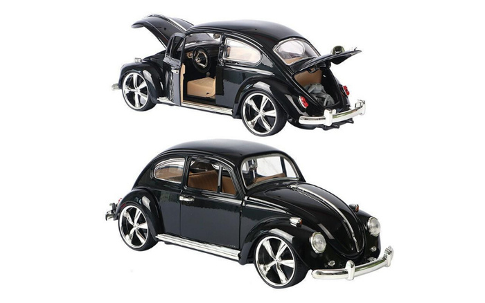 Two views of a classic black vintage car model resembling a Volkswagen Beetle, with one showing the car closed and the other showing the car with doors, bonnet, and boot open, featuring beige interior, alloy wheels, and chrome bumpers, representing used cars and new cars.