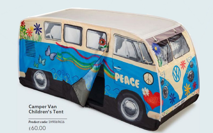 Camper Van Children's Tent designed like a colourful vintage Volkswagen camper van with blue, cream and black colours, decorated with flowers, peace sign, butterflies, and the word 'PEACE' on the side. Product code 1H9069616 priced at £60.00, suitable for use indoors or outdoors, highlighting themes of peace and fun. Ideal for families interested in new cars and used cars with nostalgic camper van designs.