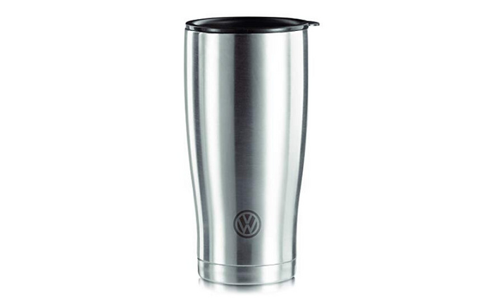 Stainless steel travel mug with black lid featuring the Volkswagen logo, ideal promotional item for new cars and used cars enthusiasts.