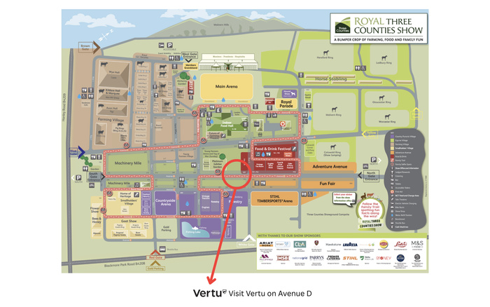 Map of the Royal Three Counties Showground highlighting various areas including Main Arena, Royal Parade, Food & Drink Festival, Machinery Mile, Countryside Arena, and Family Trail. The map shows entrances: West Gate, South Gate, North Gate, Blue Gate, Red Gate, Horse Gate, and Yellow Gate. Key event zones include Farming Village, Adventure Avenue, Fun Fair, Forestry, Goat Show, and Smallholders’ Village. Facilities such as toilets, accessible toilets, catering, bar, and first aid are marked. The map is annotated with a red circle and arrow pointing to 'Vertu' on Avenue D, inviting visitors to 'Visit Vertu on Avenue D.' The Royal Three Counties Show logo is at the top right with the tagline 'A bumper crop of farming, food and family fun.' Sponsor logos appear at the bottom, including Ariat, CLA, Lavazza, STIHL, M&S Food and others. This image is optimized for keywords used cars and new cars as Vertu is often associated with automotive dealerships.