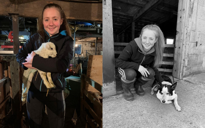Two side-by-side images of a young woman in a rustic barn setting; the left image in colour shows her holding a lamb, while the right image in black and white shows her crouching beside a dog lying on the floor. The background includes wooden beams, farm equipment, and a barn door. No text related to used cars or new cars is visible in the images.