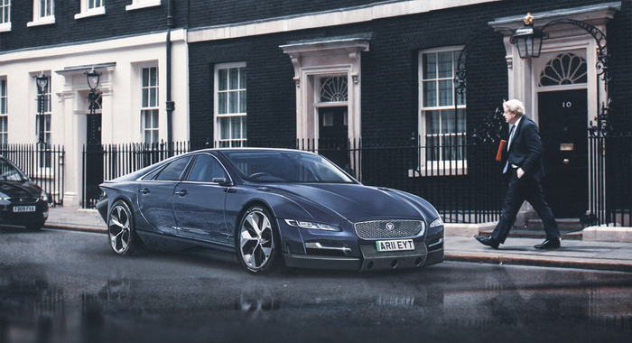 Sleek new Jaguar car with UK registration plate AR11 EYT parked on a London street in front of black brick townhouses. A man in a dark suit carrying a red folder walks past the car near a door numbered 10. Another used car with registration FD09 FYA is partially visible in the background. The image highlights both used cars and new cars in an urban setting.