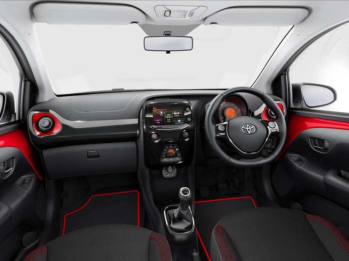 Interior view of a Toyota car dashboard showcasing a right-hand drive layout with a black steering wheel featuring the Toyota logo. The dashboard includes a central touchscreen displaying menu options: Phone, Audio Source, Connect, Setup, and Car Information. Below the screen is the climate control panel set to 20 degrees Celsius. The gear stick is manual with a six-speed pattern. The seats and floor mats have black and red accents. Red trim details are visible around the air vents and door panels. The image highlights features relevant for used cars and new cars buyers interested in modern car interiors.
