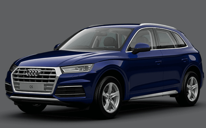 Dark blue Audi Q5 SUV displayed on a grey background, showcasing the front and side view with visible silver grille, Audi emblem, and alloy wheels, suitable for used cars and new cars listings.