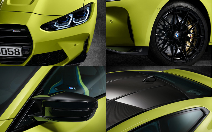 Collage of close-up images showing details of a new BMW M4 car in a bright yellow-green colour, highlighting the front LED headlight with M badge and partial license plate reading '058', black alloy wheel with BMW logo and drilled brake disc, black side mirror with sporty design, and black carbon fibre roof with shark fin antenna. Ideal for showcasing features of used cars and new cars.