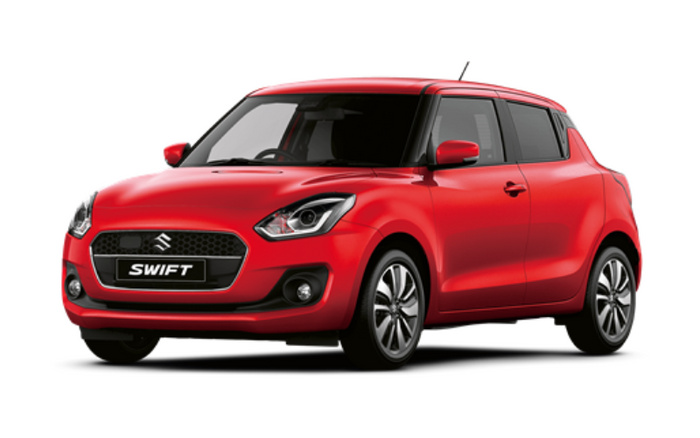Red Suzuki Swift hatchback car viewed from the front left side, isolated on white background, suitable for used cars and new cars listings.